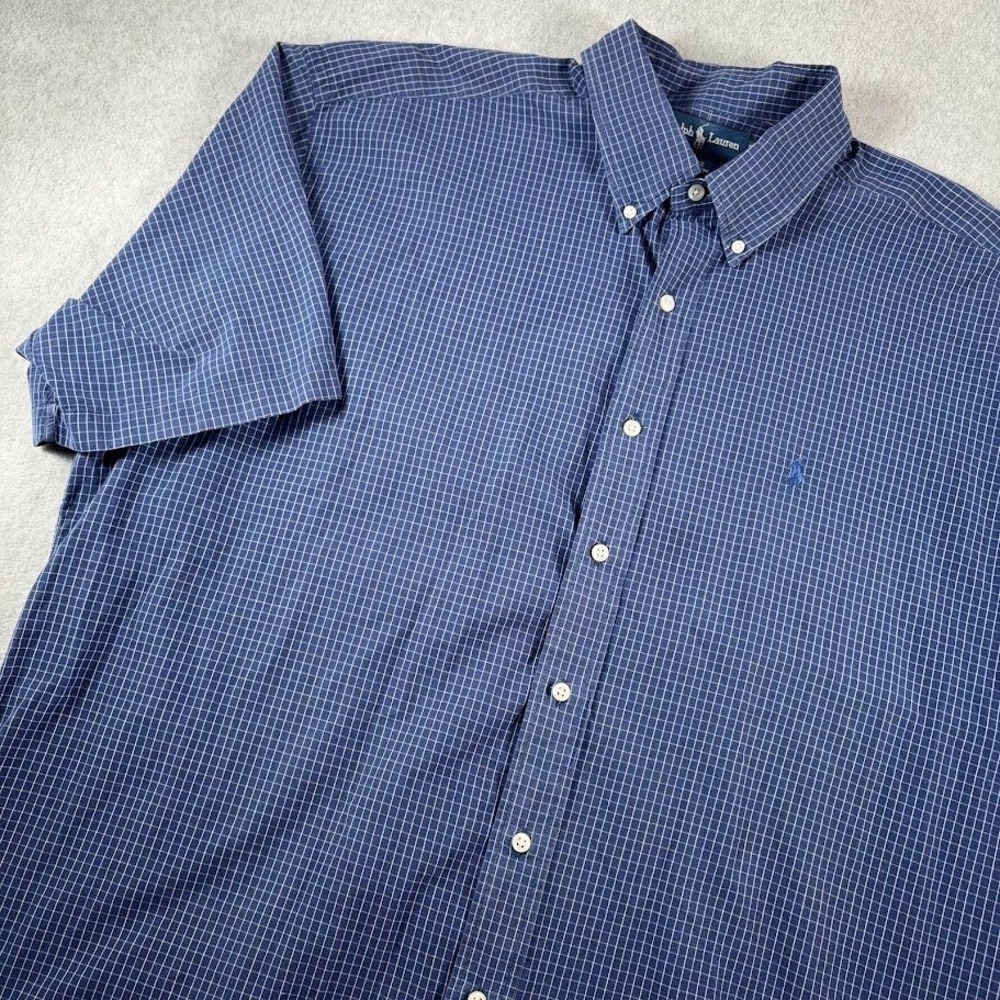 Ralph Lauren Button Down Shirt Mens XXL Blue Gingham Blake Short Sleeve Cotton